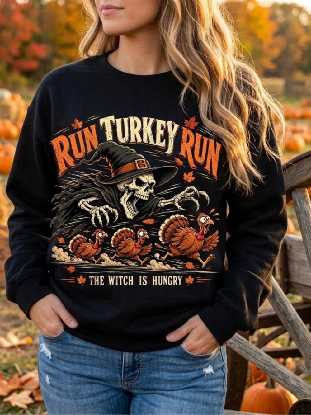 Run Turkey Run Black Halloween Sweatshirt, The Witch Is Hungry